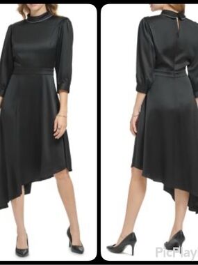 Karl Lagerfeld Paris Crystal Embellished Black Satin Asymmetrical Dress (NWT)